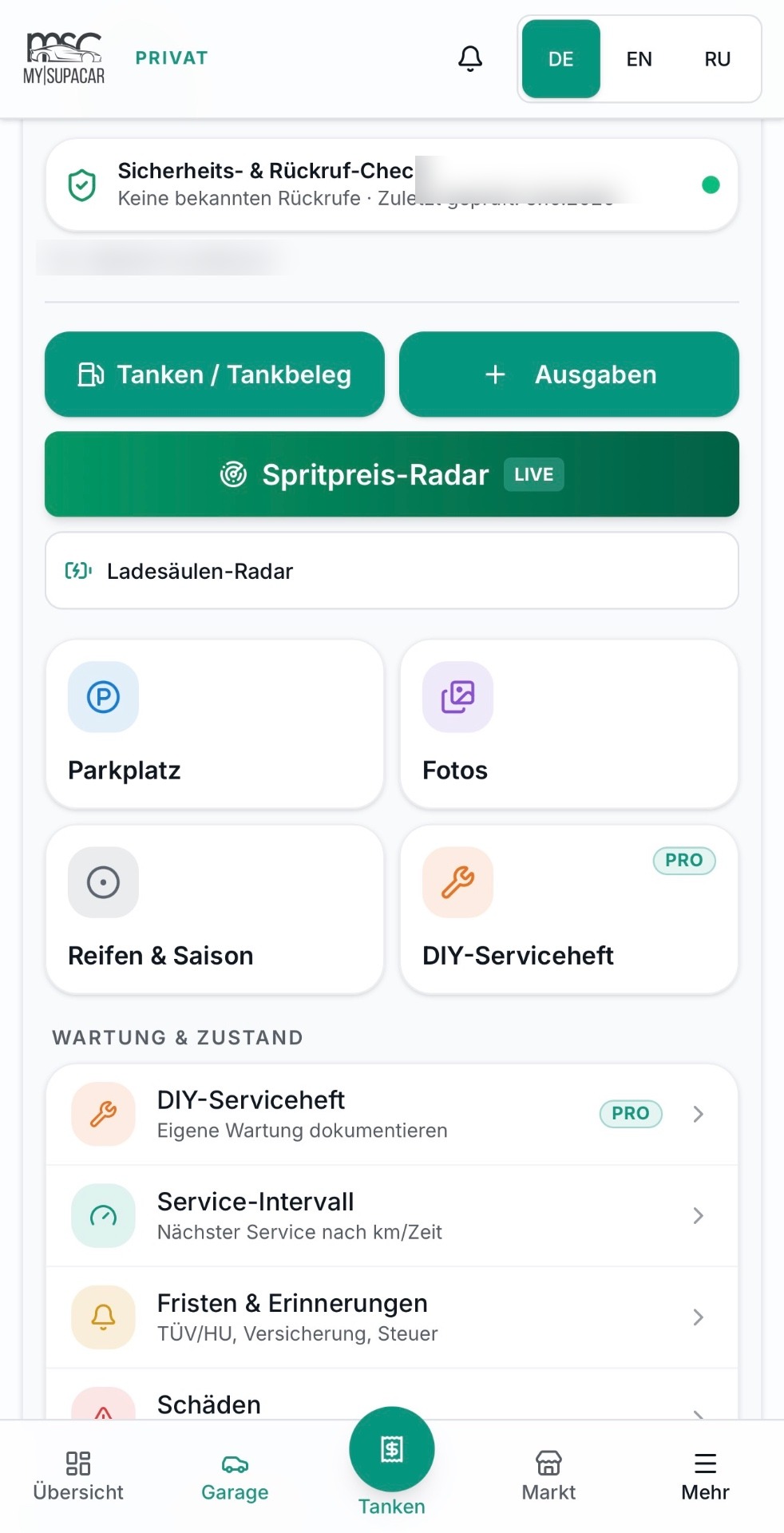 mySupaCar App – Garage mit Fahrzeug, Kosten, Tanken und Digitalem Pass